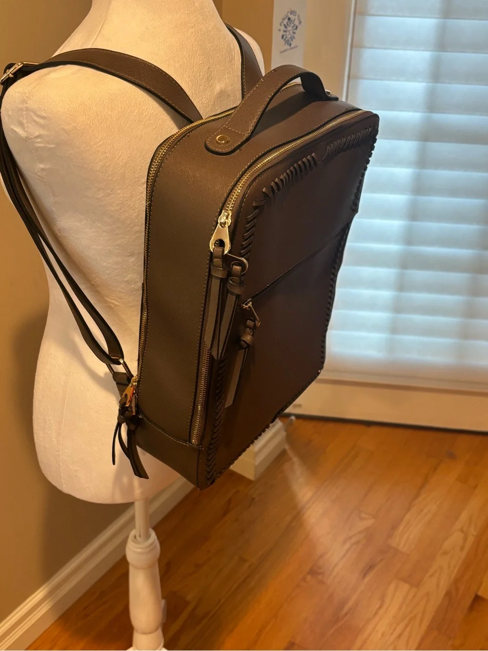 Calpak Brown Square Laptop Backpack with Whipstitch Trim